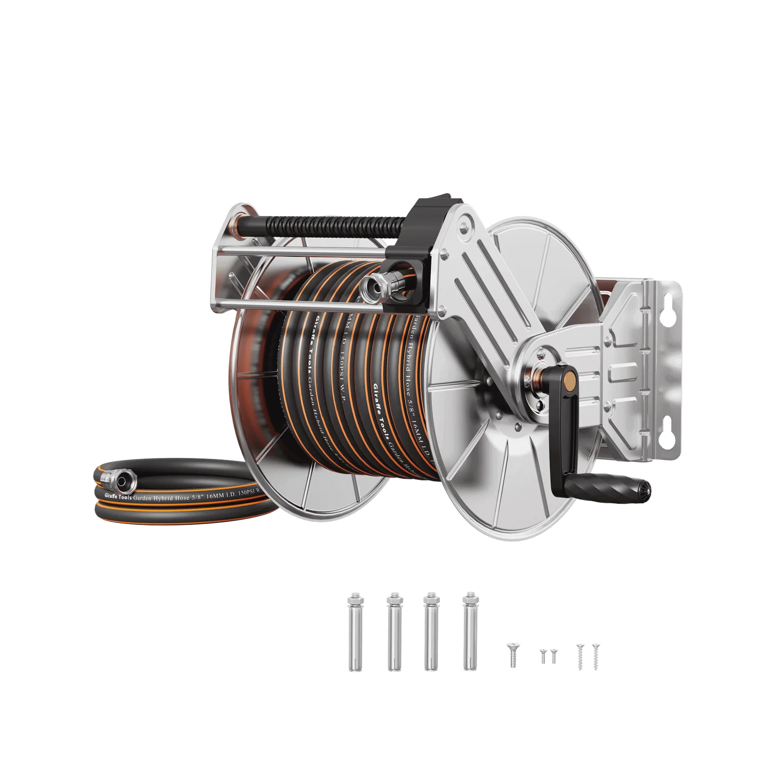 Wall Mounted Hose Reel-Stainless Steel-Heavy Duty - With 100ft Hybrid Hose