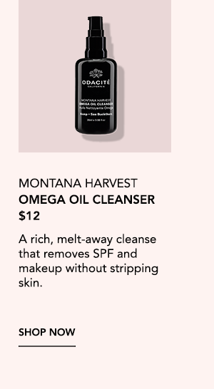 Travel-size Montana Harvest Omega Oil Cleanser for removing sunscreen and makeup.