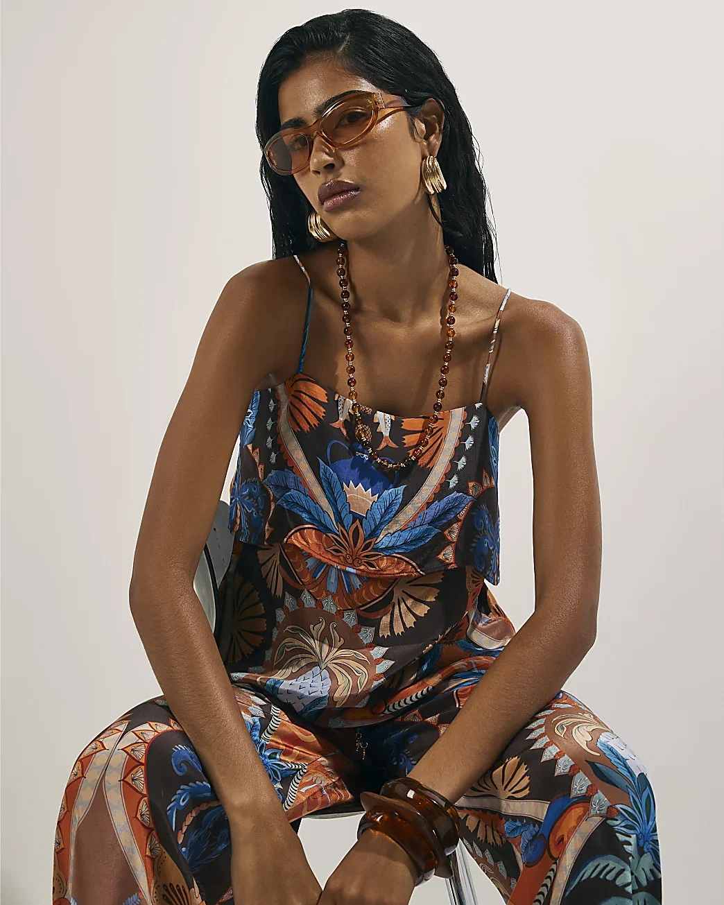 Womens Brown Palm Print Tiered Cami Top