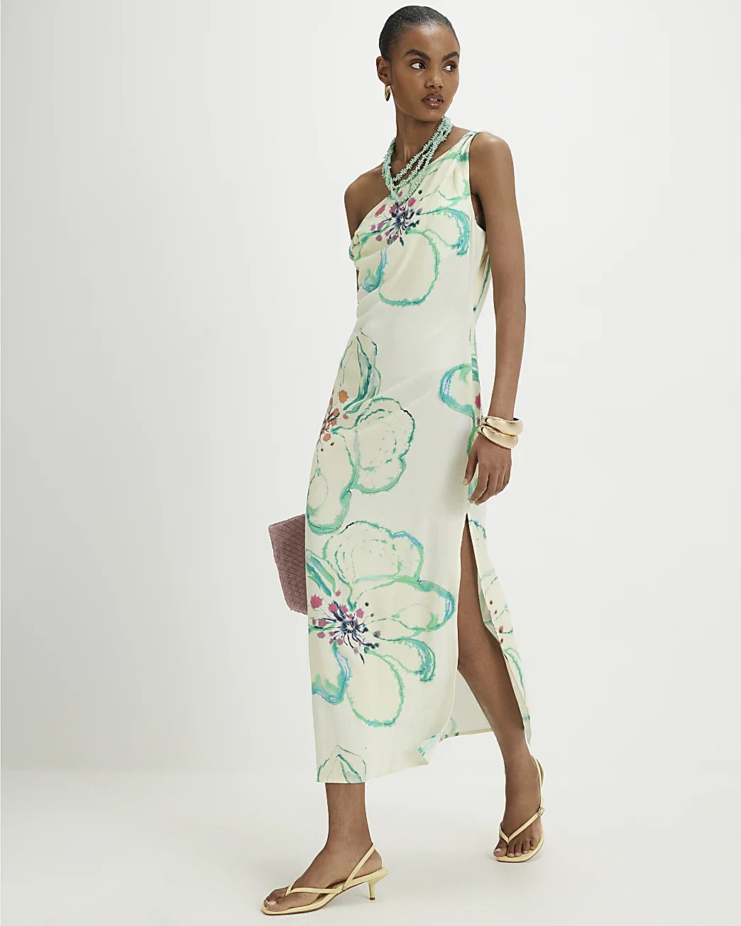 Womens Green Linen Blend Asymmetric Midi Dress