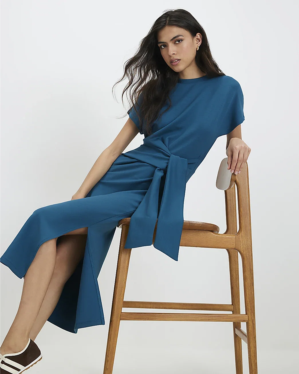 Womens Blue Premium Short Sleeve Tie Side Midi Dress