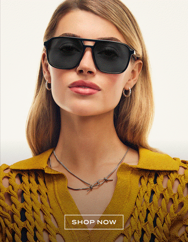 Image of woman wearing black shield sunglasses looking at the camera with gif of black and blue lens colors. Shop Now.