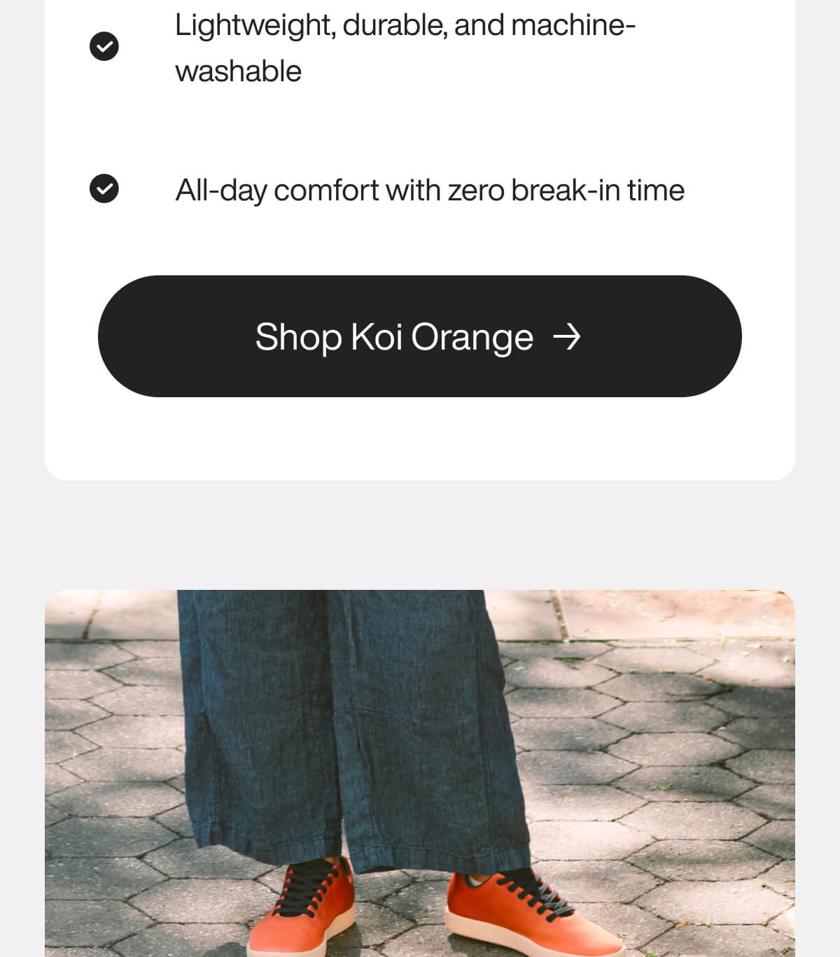 "Orange sneakers on a person wearing wide-leg jeans, standing on a sunlit stone path. Text highlights comfort and durability."