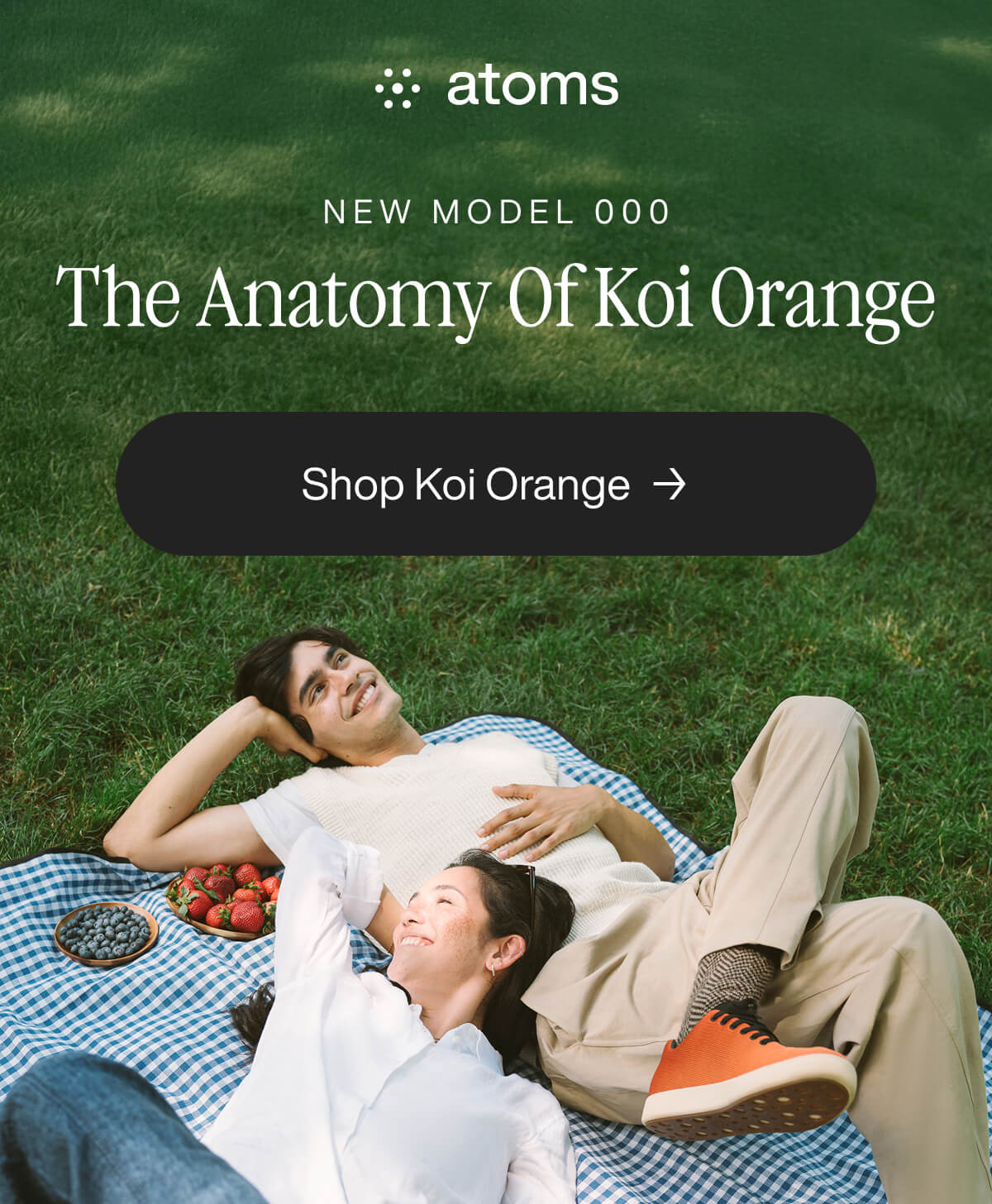 "Couple relaxes on a picnic blanket with berries, wearing Atoms shoes. Text: "The Anatomy Of Koi Orange. Shop Koi Orange.""