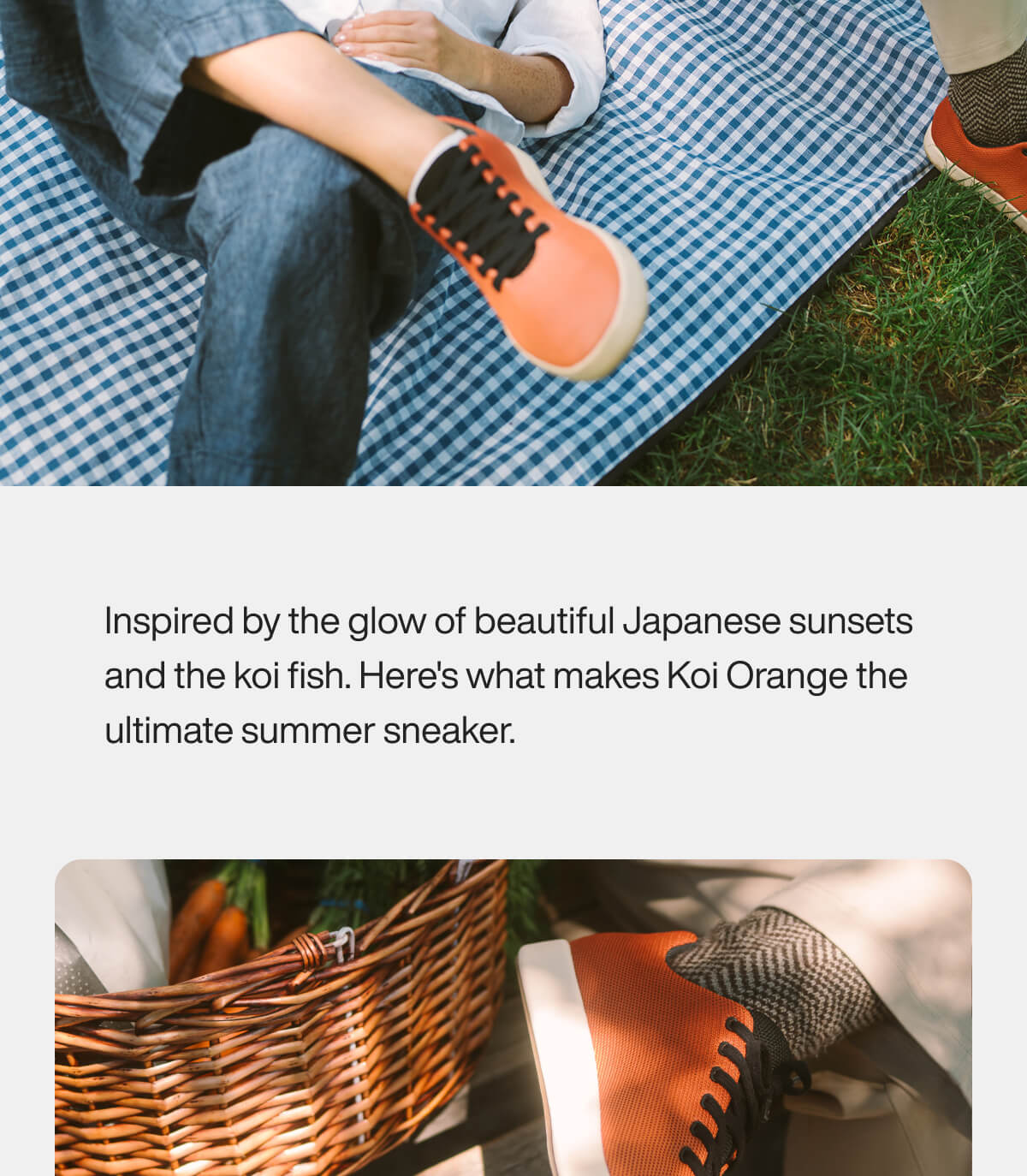 "Person relaxes on a blue checkered blanket wearing Koi Orange sneakers, inspired by Japanese sunsets and koi fish."