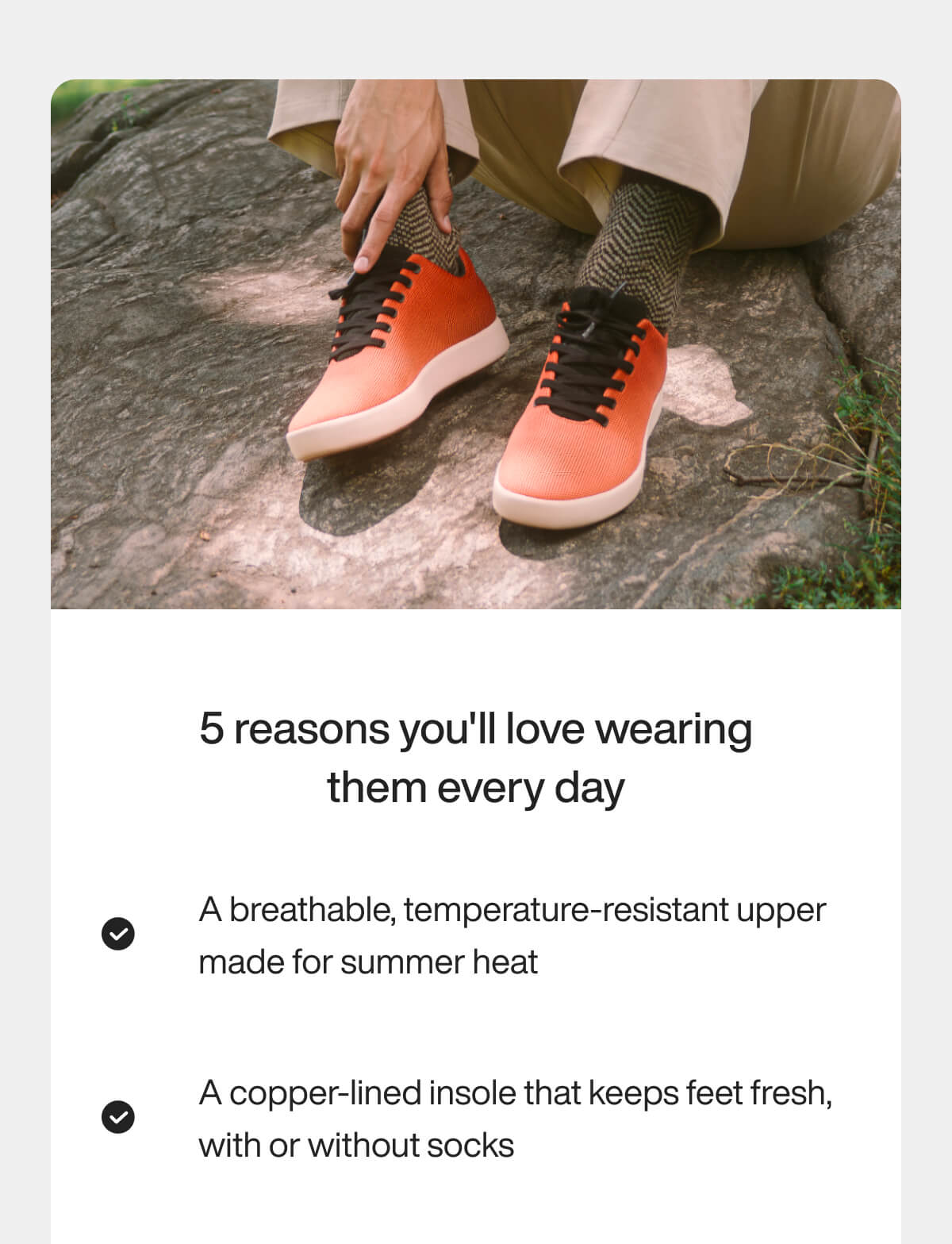 "Man wearing orange shoes on rock; text highlights breathable upper and copper-lined insole benefits for summer comfort."