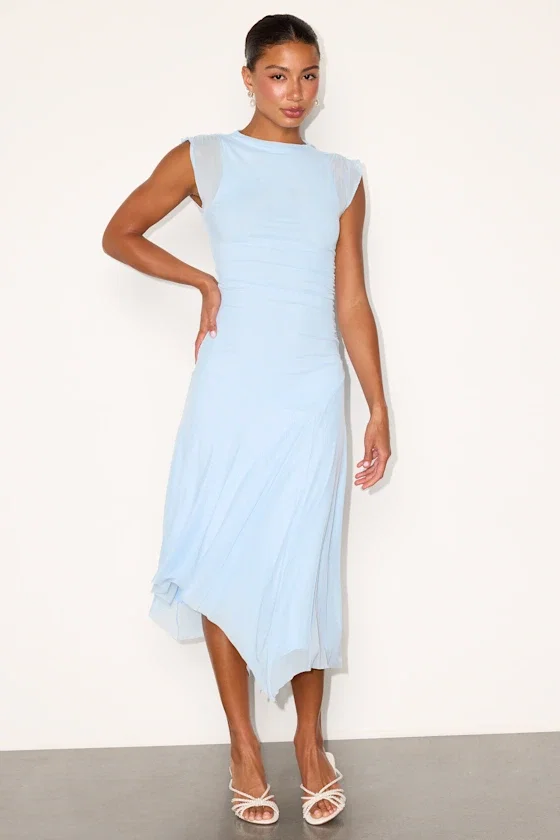 Image of Octavia Light Blue Mesh Drop Waist Midi Dress