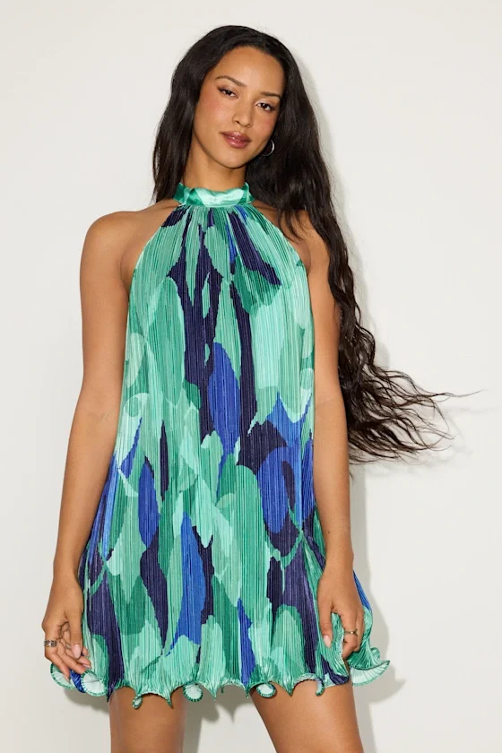 Image of Vaivah Green Abstract Satin Plisse Mock Neck Swing Mini Dress