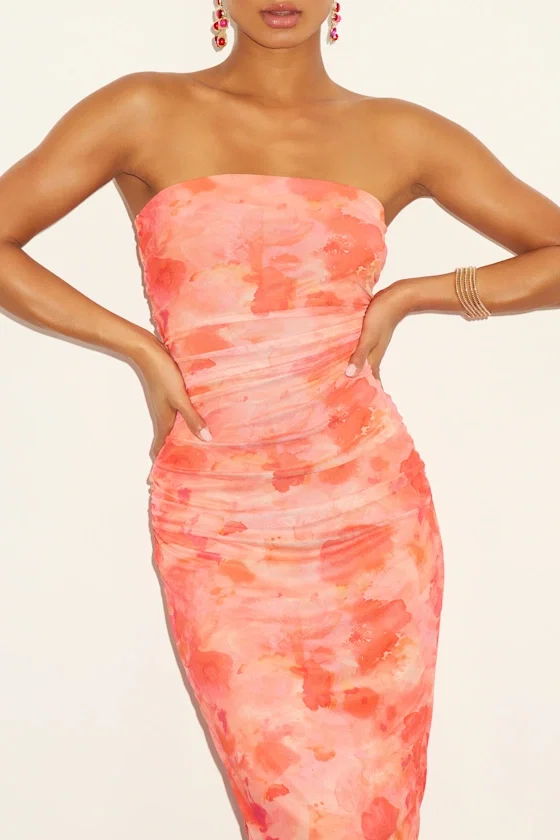 Image of Late Night Crush Orange Multi Mesh Ruched Strapless Midi Dress
