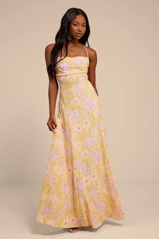 Image of Chelly Yellow Multi Floral Lace-Up Maxi Dress