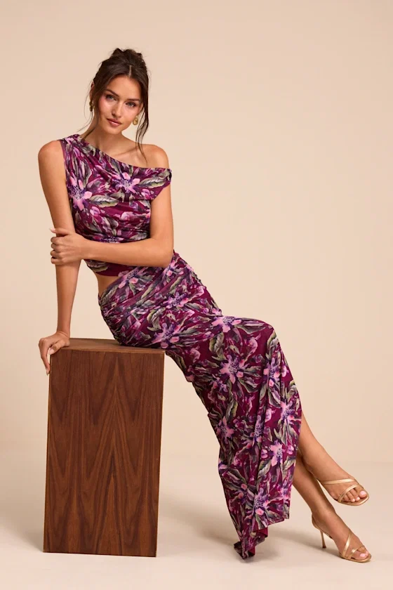 Image of Veya Purple Multi Floral Mesh Asymmetrical Maxi Dress