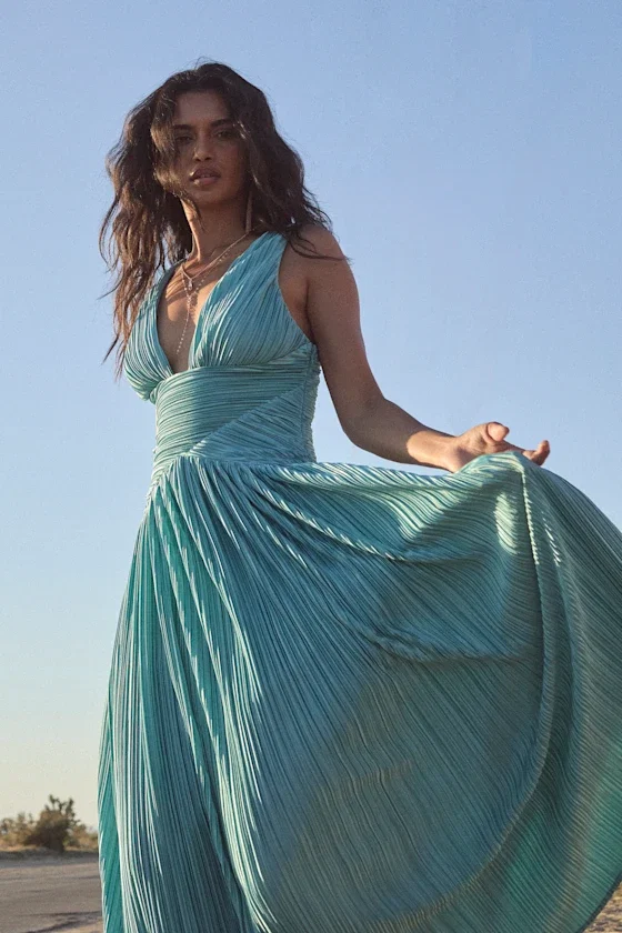 Image of Evaluna Turquoise Plisse Maxi Dress