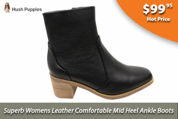 Hush Puppies Superb Womens Leather Comfortable Mid Heel Ankle Boots