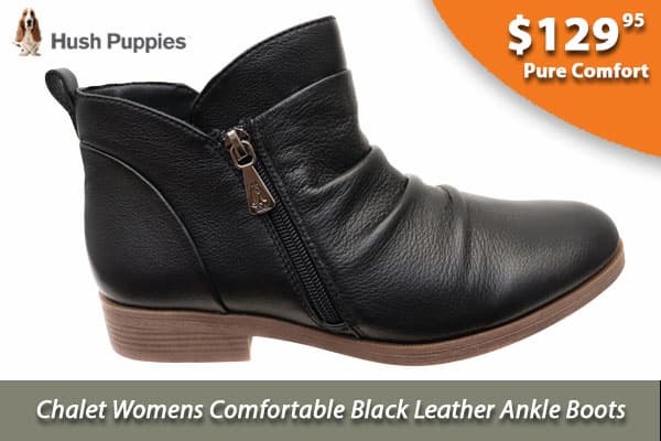 Hush Puppies Chalet Womens Comfortable Black Leather Ankle Boots