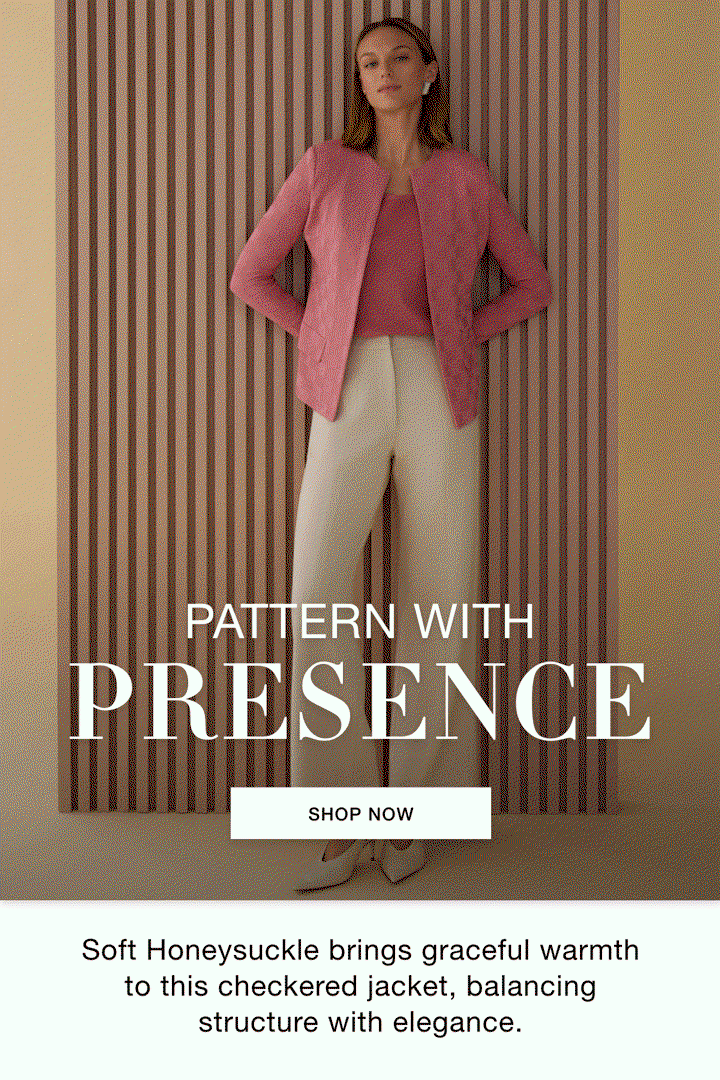PATTERN WITH PRESENCE - Soft Honeysuckle brings graceful warmth to this checkered jacket, balancing structure with elegance. SHOP NOW >>