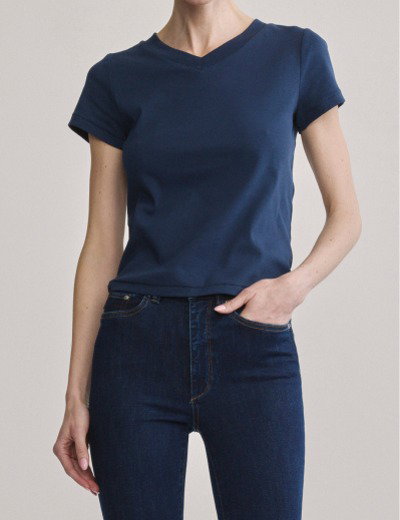 Shrunken V Neck Tee — Navy
