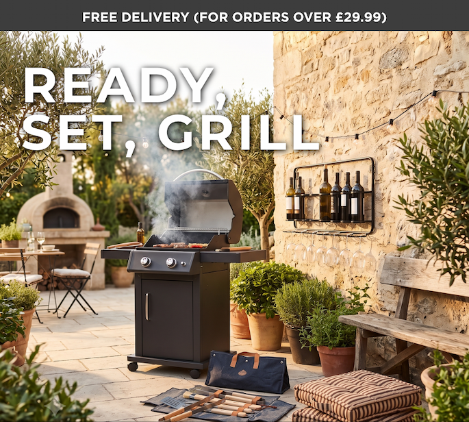 READY, SET, GRILL. Free delivery for orders over £29.99. Banner shows a modern black barbecue grill setup in a beautiful backyard patio.