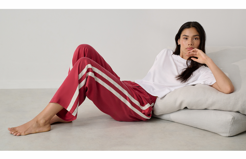 woman in washable silk red side stripe pant