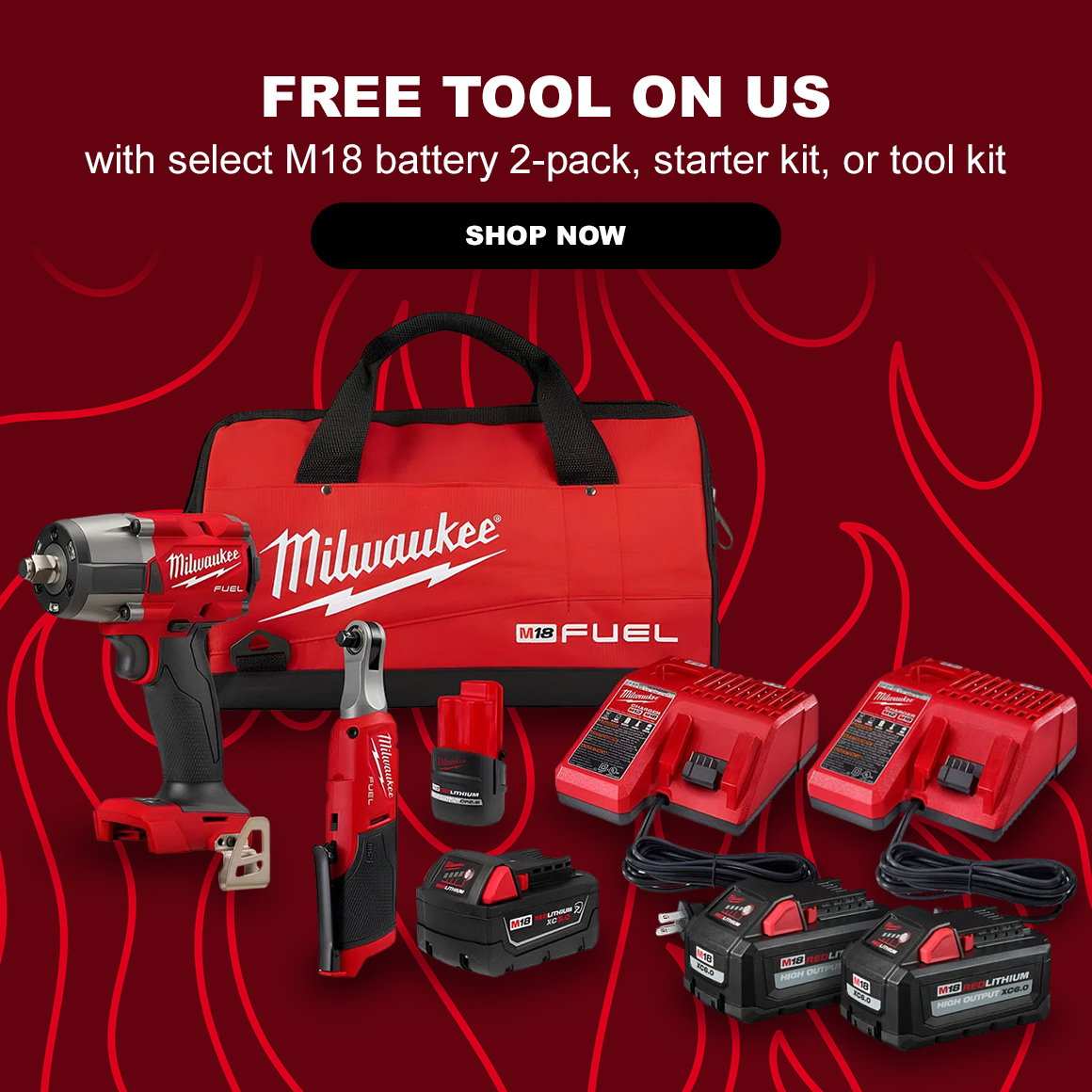 FREE TOOL ON US | with select M18 battery 2-pack, starter kit, or tool kit | Shop Now