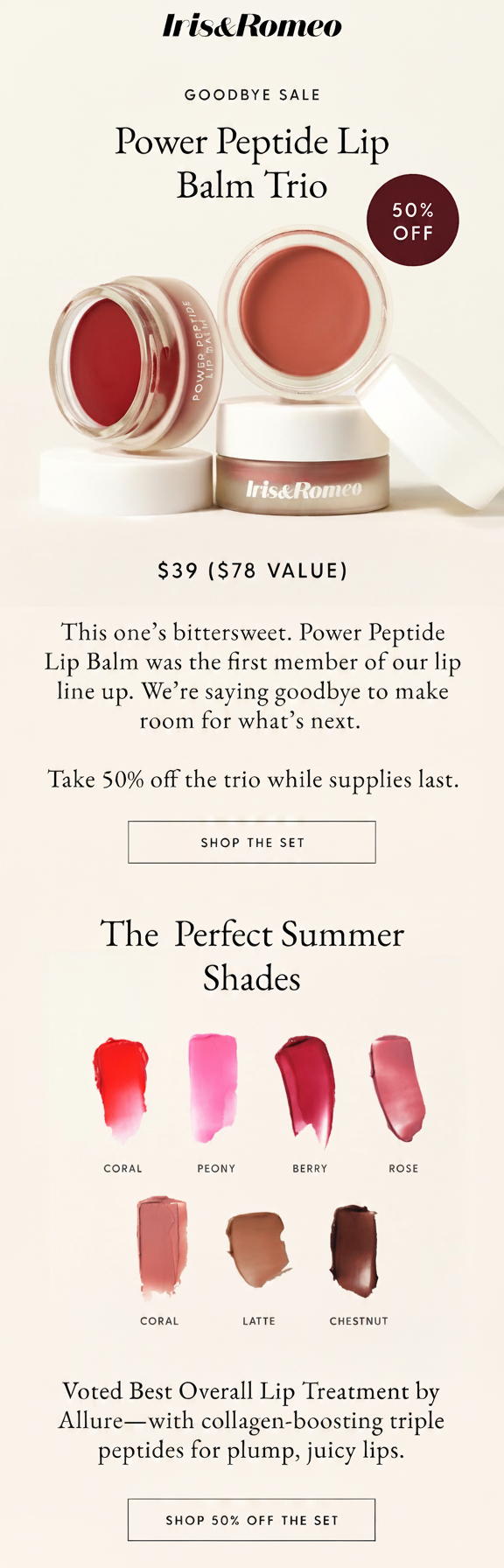 Iris & Romeo Power Peptide Lip Balm Trio on sale for 50% off.