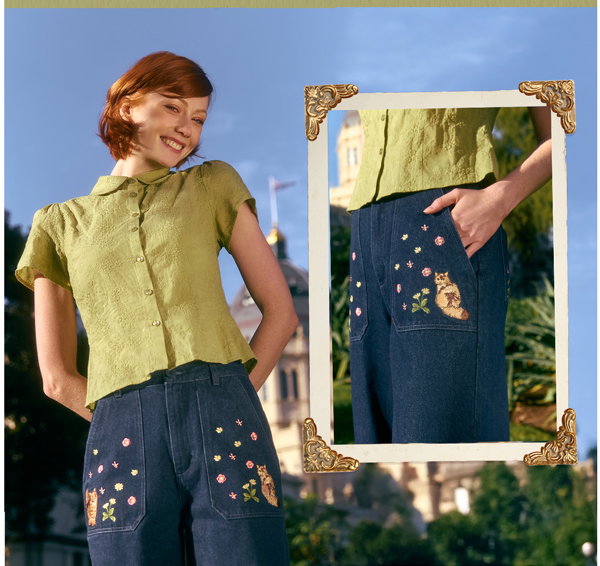 Cat Embroidered Denim Jean