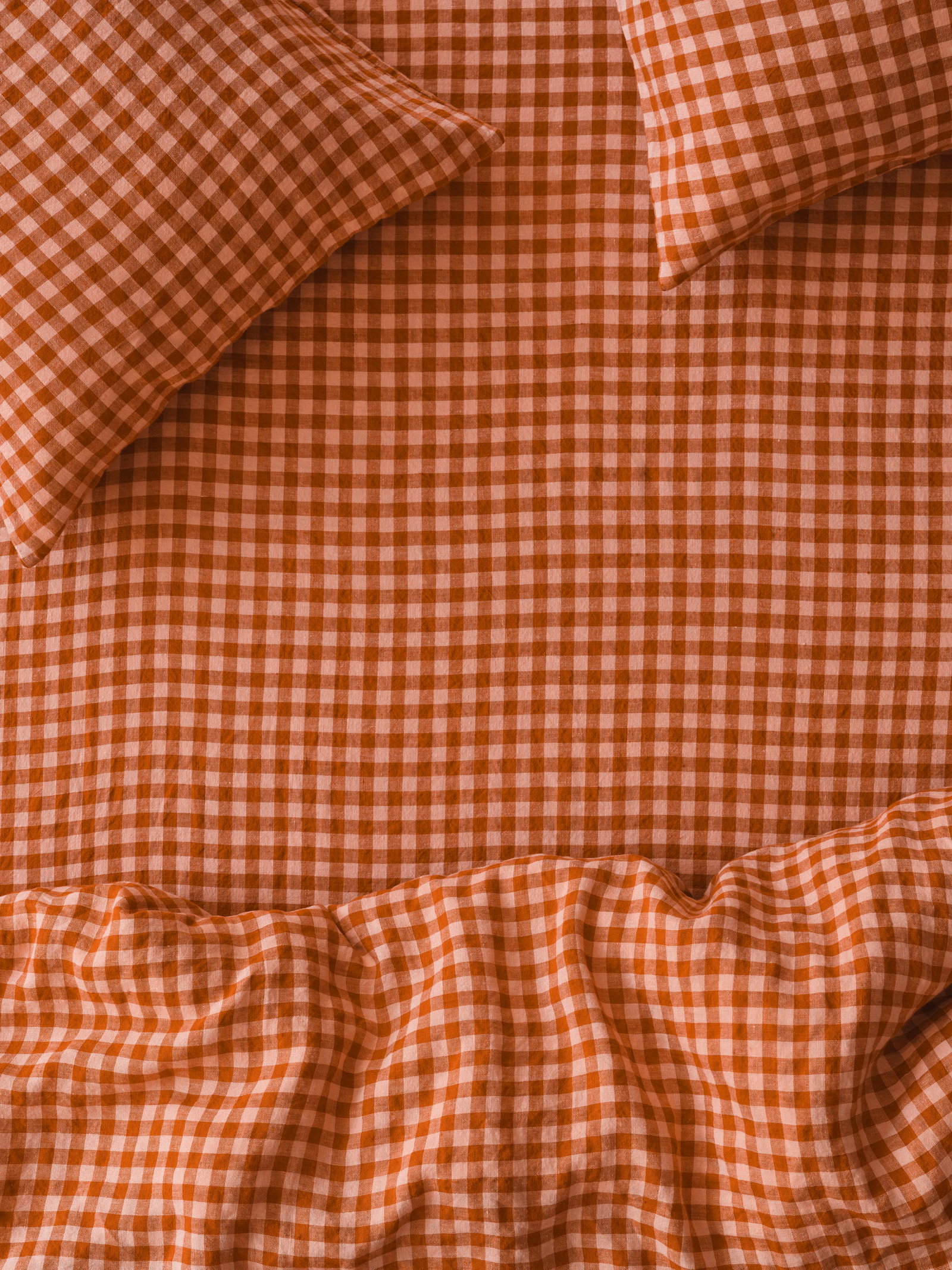 Image of Cinnamon & Peach Colour Drenched Gingham Linen Blend Fitted Sheet