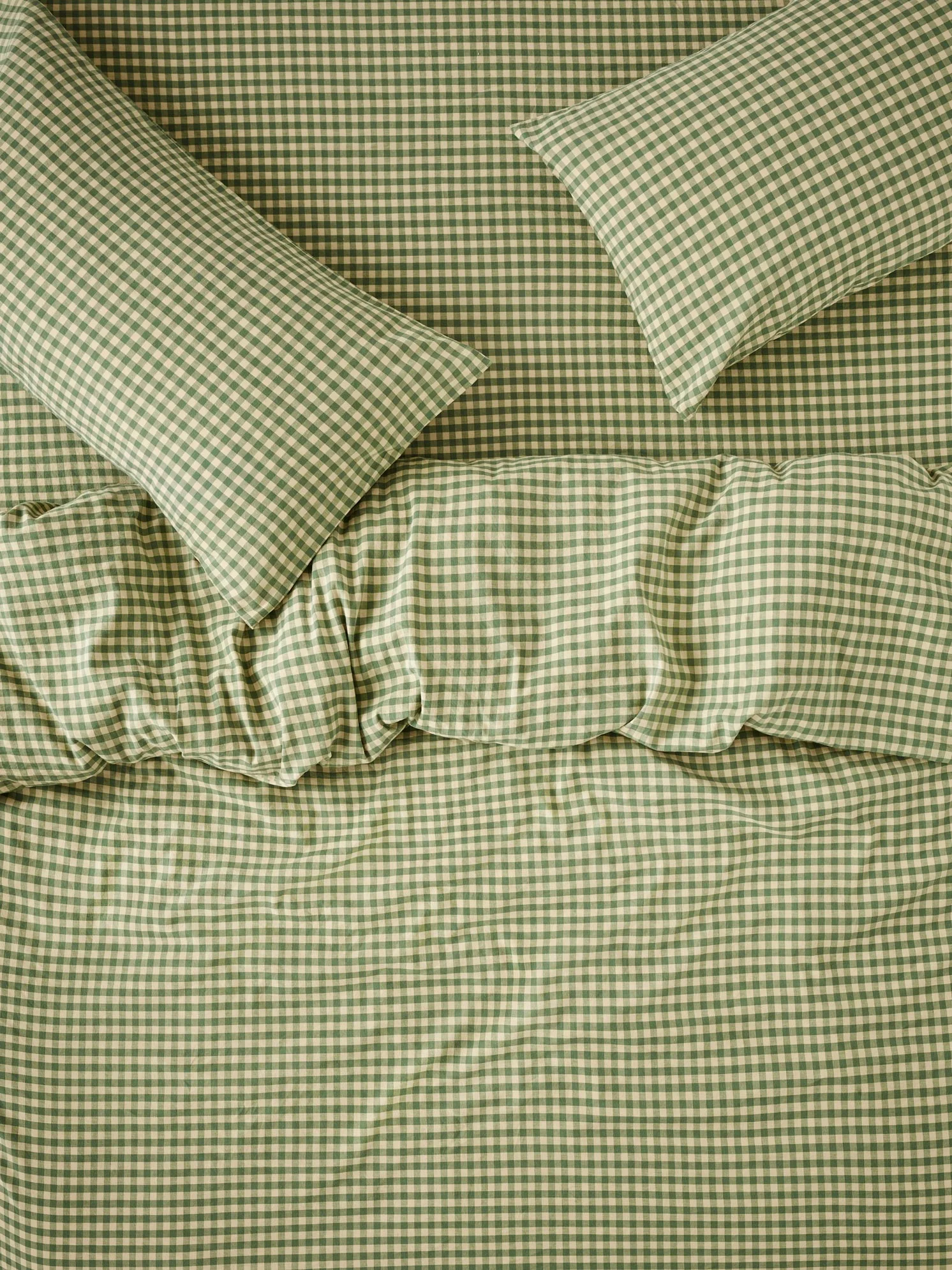 Image of Elm Green & Butter Yellow Color Drenched Gingham Linen Blend Duvet Cover