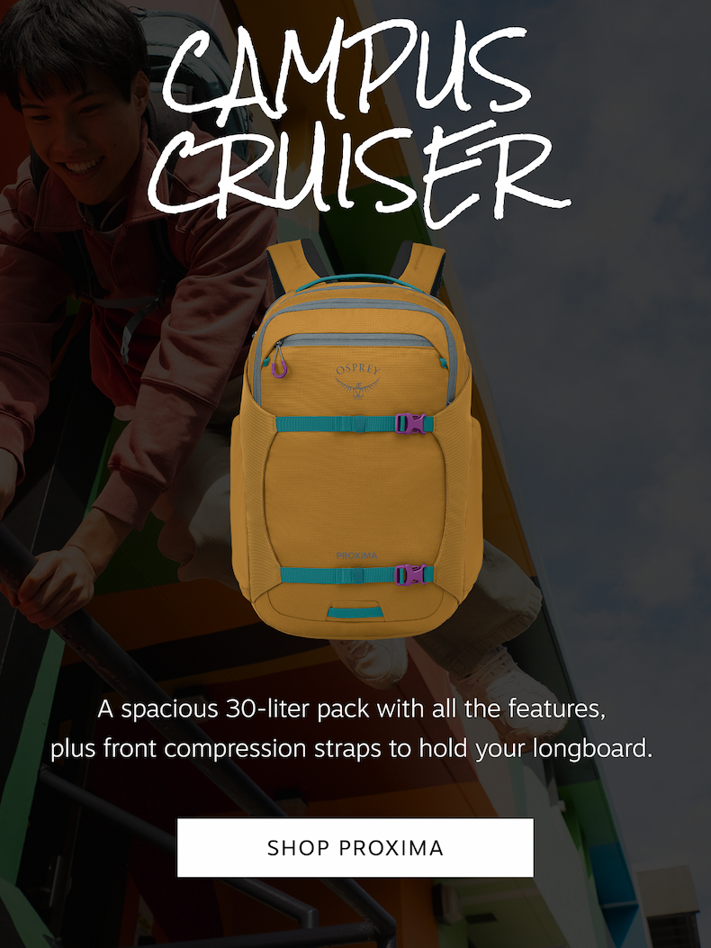 Proxima is a spacious 30-liter pack with all the features, plus front compression straps to hold your longboard | Shop Proxima