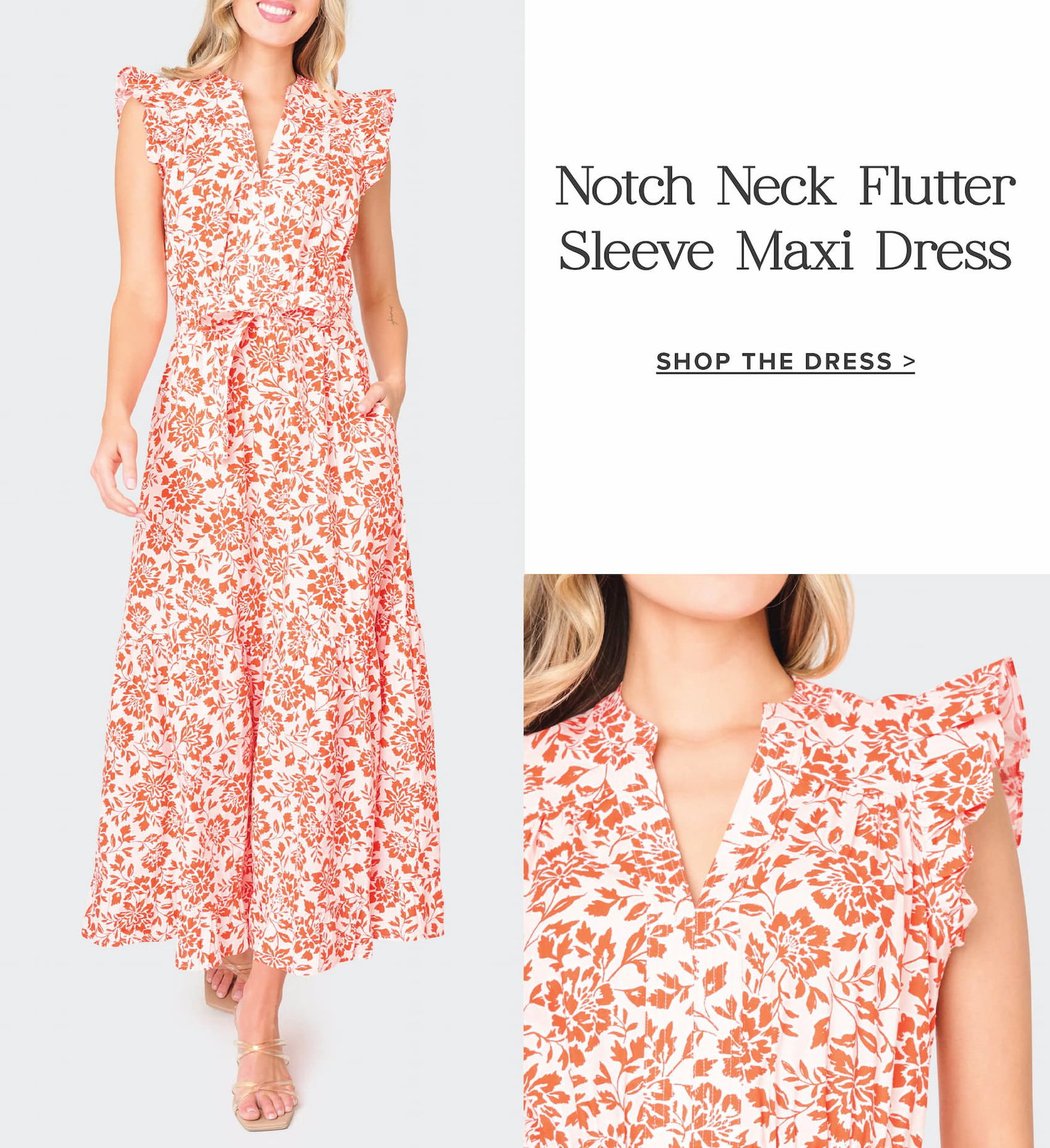 Notch Neck Flutter Sleeve Maxi Dress
