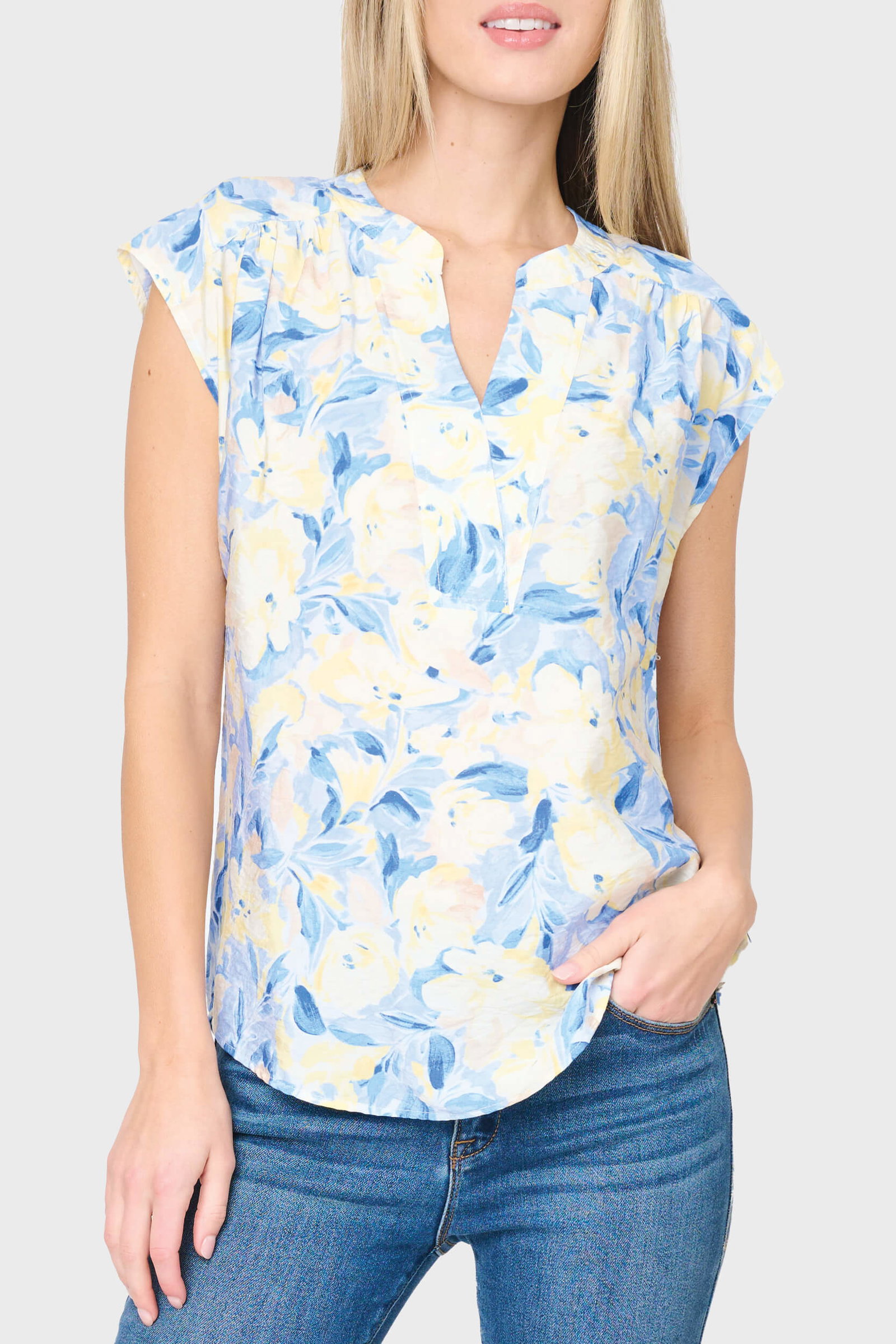 Image of Cap Sleeve Notch Neck Blouse