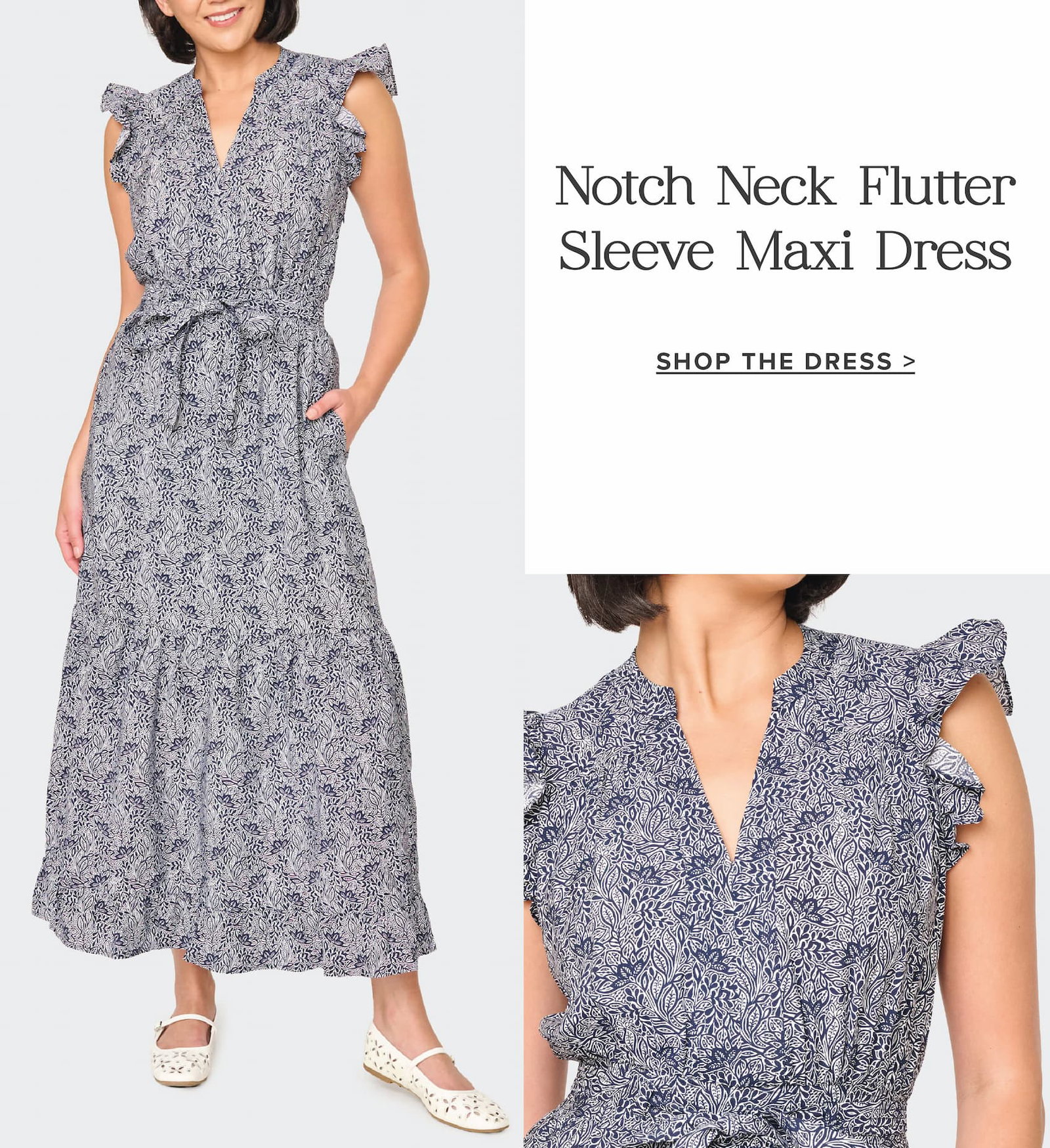 Notch Neck Flutter Sleeve Maxi Dress