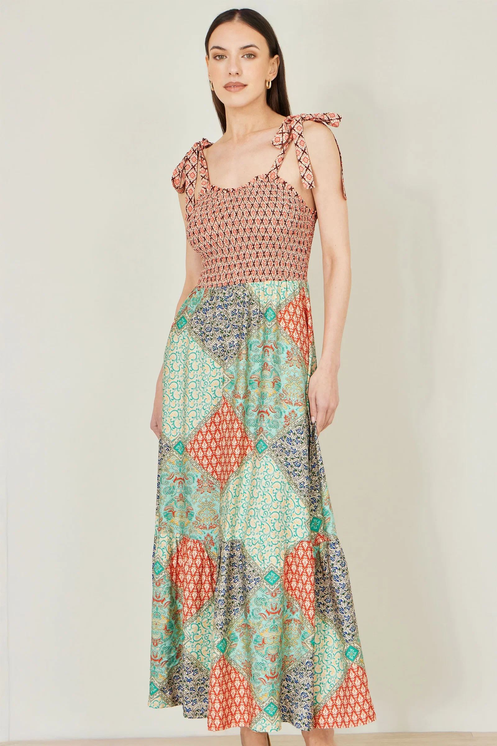 Yumi Multicolour Patchwork Ruched Smocked Maxi Sundress