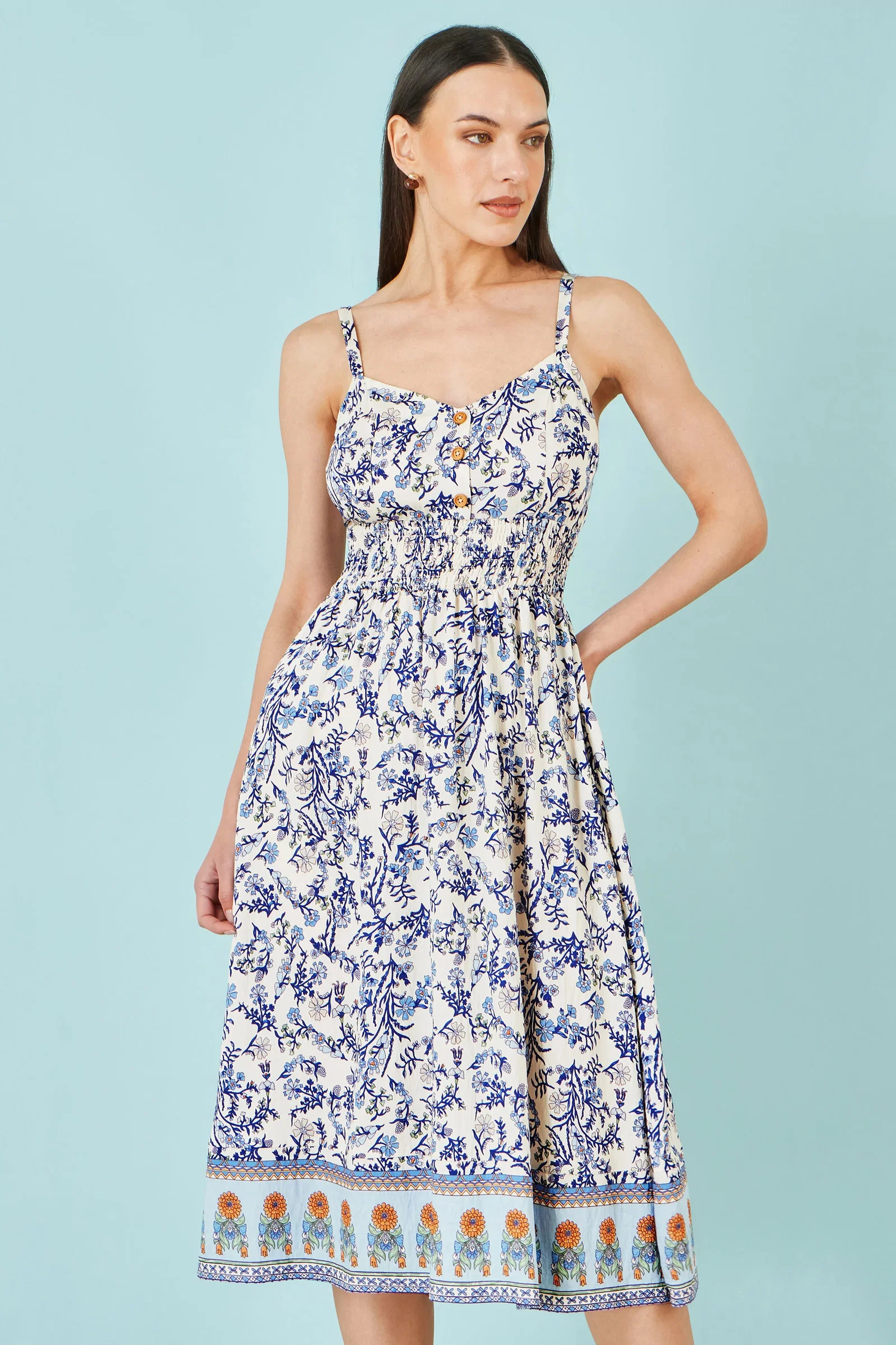 Yumi White Floral Border Print Viscose Midi Sun Dress