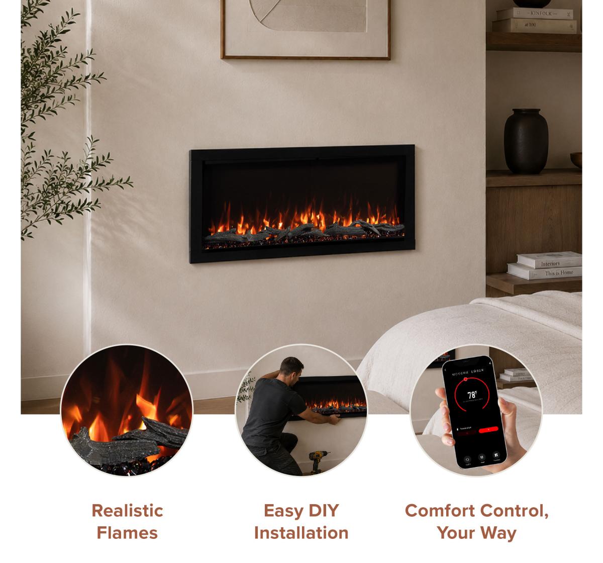 Wall-mounted electric fireplace with digital controls.