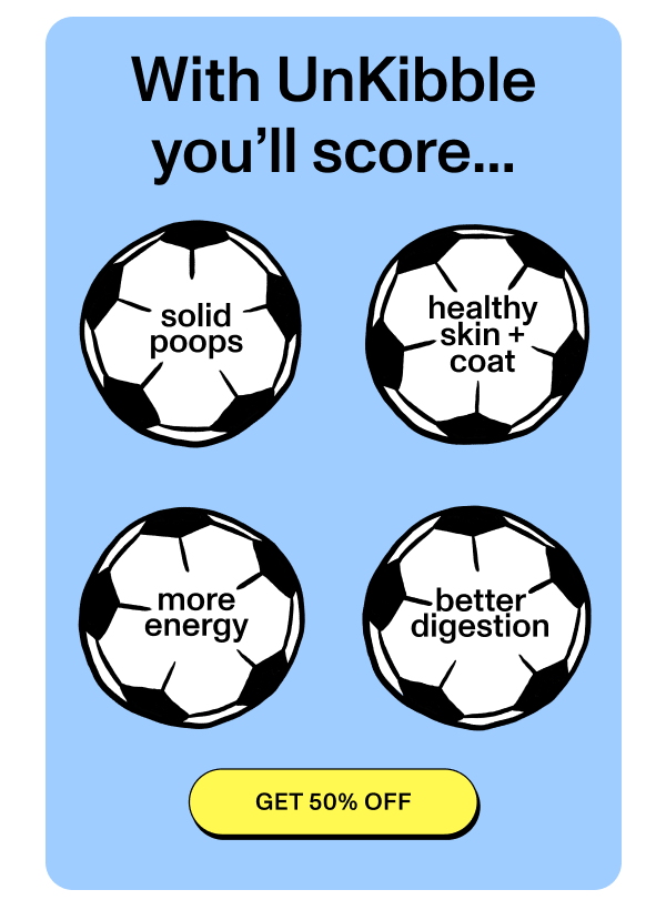 With UnKibble you’ll score...  solid poops  healthy skin + coat  more energy  better digestion  [GET 50% OFF]