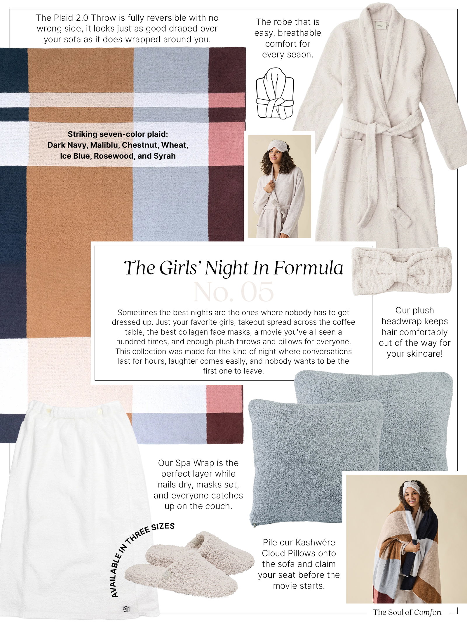 The Girls' Night In Formula No. 05. A collage showcases cozy Kashwére essentials for a relaxing spa night at home, including the reversible Plaid 2.0 Throw in Dark Navy, Maliblu, Chestnut, Wheat, Ice Blue, Rosewood, and Syrah, a seasonless ivory robe, plush headwrap, white spa wrap, Cloud Pillows in Midnight Grey, and closed-toe slippers available in three sizes. Lifestyle images feature a model wearing the robe, headwrap, and throw. Text describes creating the perfect girls' night with face masks, takeout, movies, and cozy comfort, highlighting the reversible throw, breathable robe, skincare-friendly headwrap, spa wrap, and plush Cloud Pillows for gathering on the couch. The Kashwére logo appears in the bottom right corner with the tagline, "The Soul of Comfort."