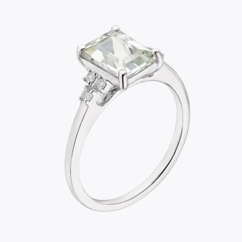 Engagement Ring 9ct White Gold Emerald Cut Green Amethyst and Diamonds Ring