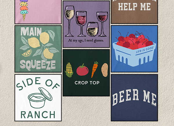 Summery food and bev tees.