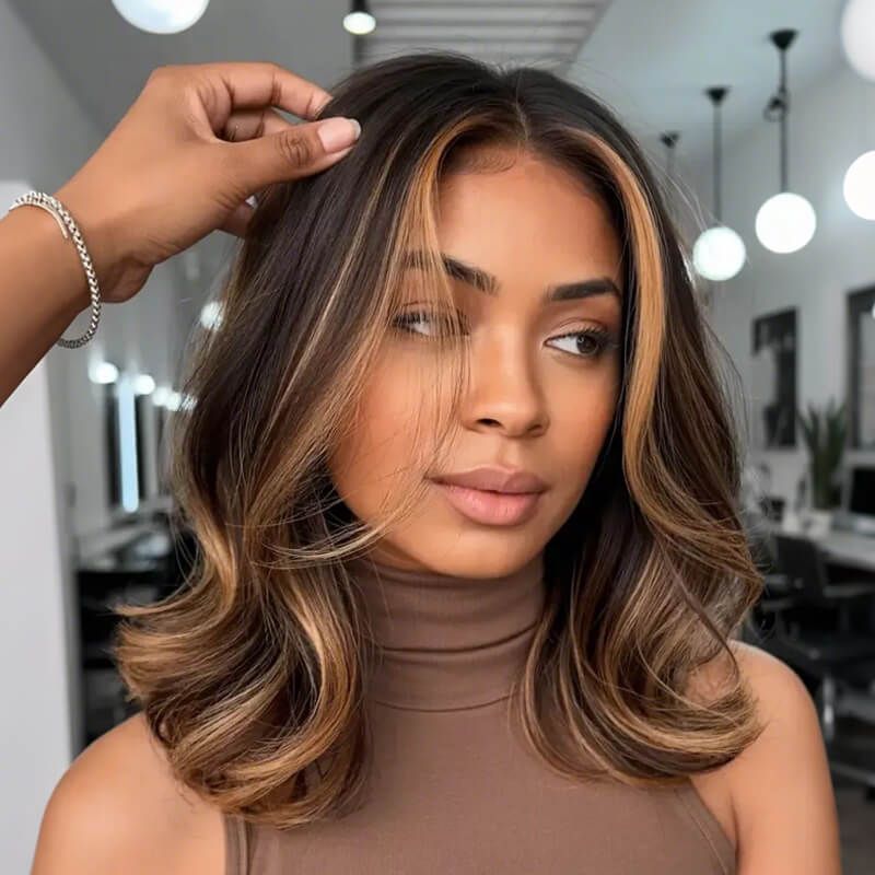 Wear and Go Wigs Glueless Golden Brown Wave Wigs Pre Cut Lace Human Hair Wigs