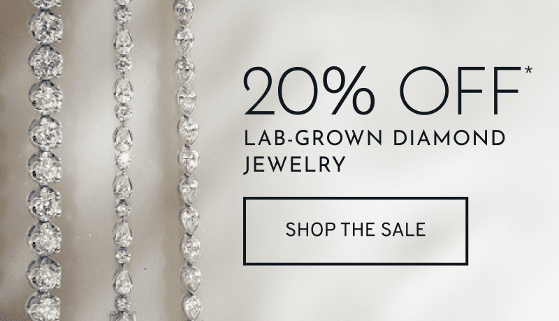 Close up of lab grown diamond jewelry hanging down. 20% off* lab grown diamond jewelry. Click to Shop The Sale