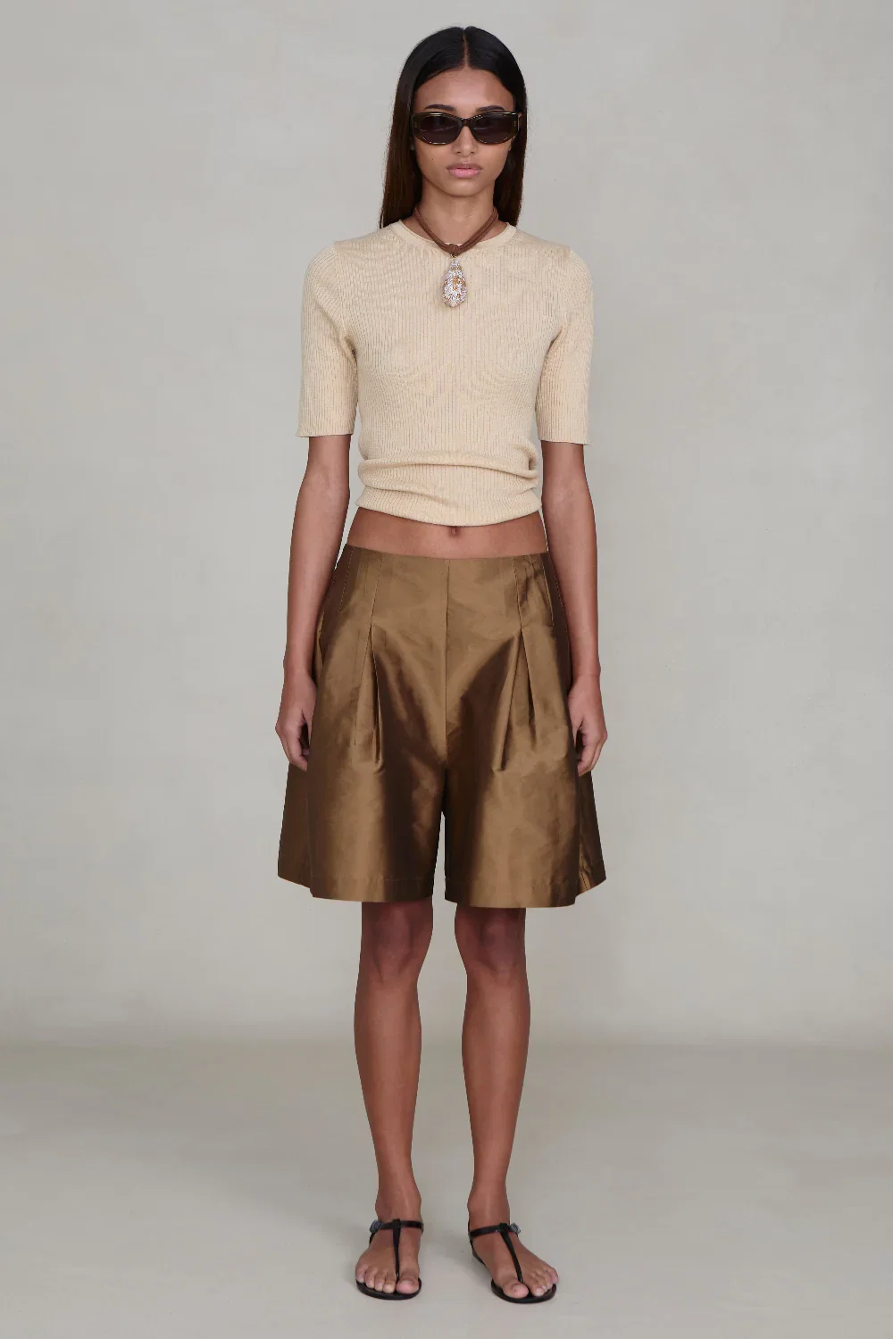 Image of Techno Taffeta Long Shorts Bronze