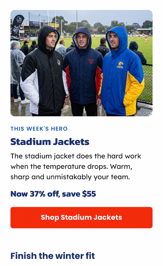 Three men standing in the rain wearing AFL Stadium Jackets