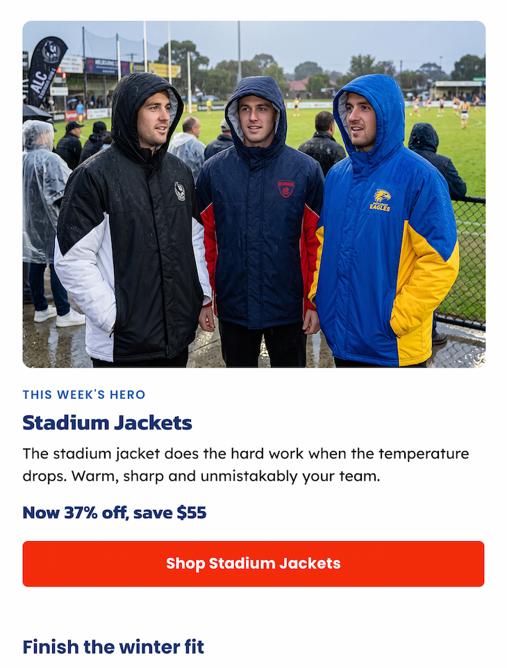 Three men standing in the rain wearing AFL Stadium Jackets