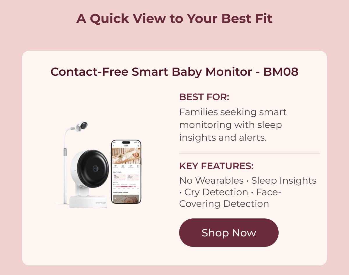 Contact-Free Smart Baby Monitor - BM08 BEST FOR: Families seeking smart monitoring with sleep insights and alerts. Key Features: No Wearables • Sleep Insights • Cry Detection • Face-Covering Detection Shop Now