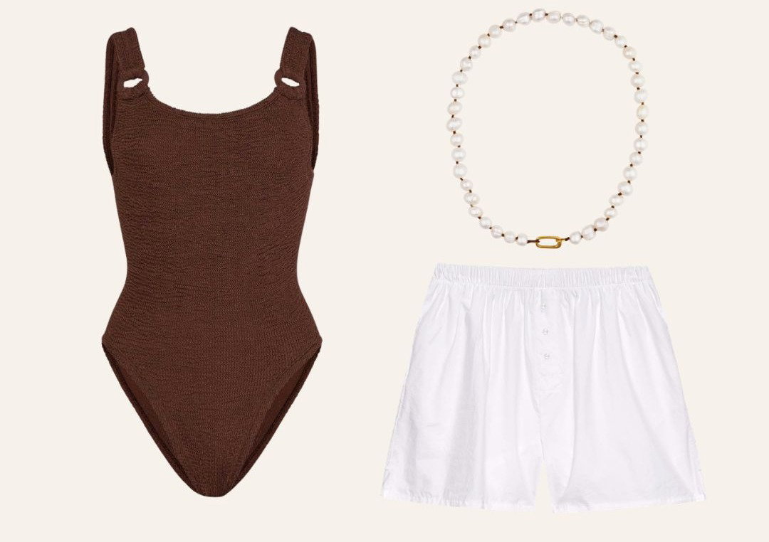 Bathing suit, boxer shorts, and Pearl Necklace