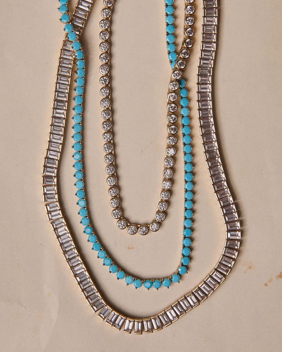 Image of Bezel Tennis Necklace, Turquoise Tennis Necklace, and Baguette Tennis Necklace