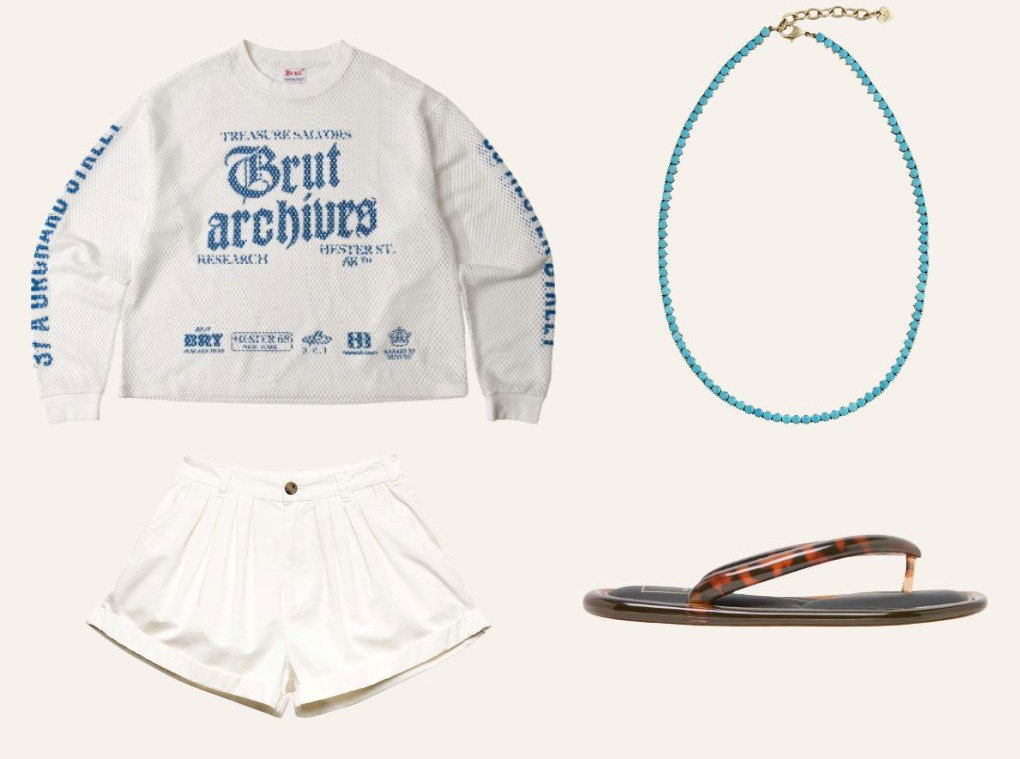 Sweat shirt, white shorts, sandals, and Turquoise Tennis Necklace