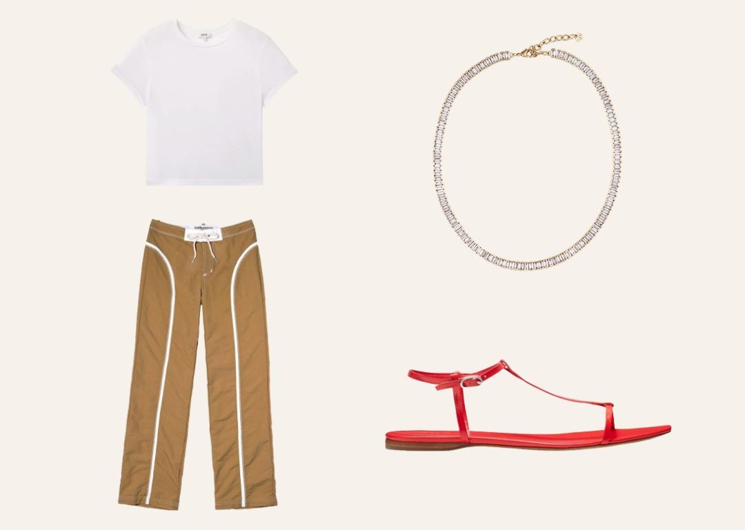 White T, copper-colored pants, red sandals, and Baguette Tennis Necklace