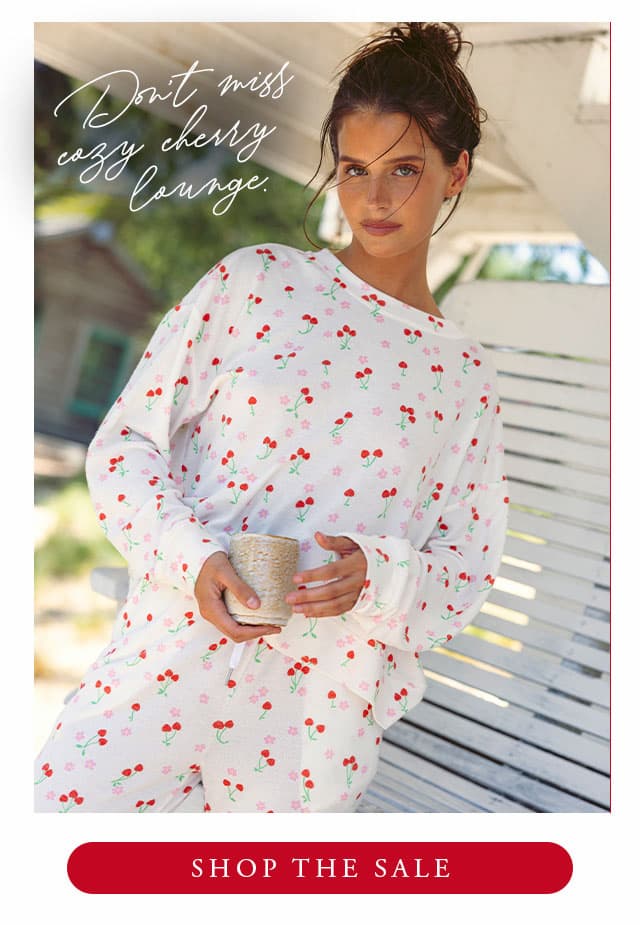 Model wearing cherry lounge set. Shop the sale. 