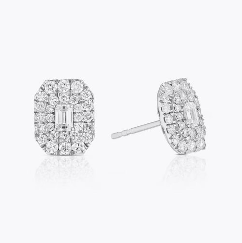 Platinum Emerald Shaped 1ct Diamond Double Halo Stud Earrings